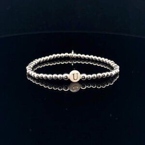 925 Sterling Silver Beaded Stretch Stacking Bracelet MOP Letter Initial U